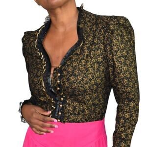 Vintage Western Shirt Gold Circle T Victorian Top Prairie Puffy Sleeve 80s Small
